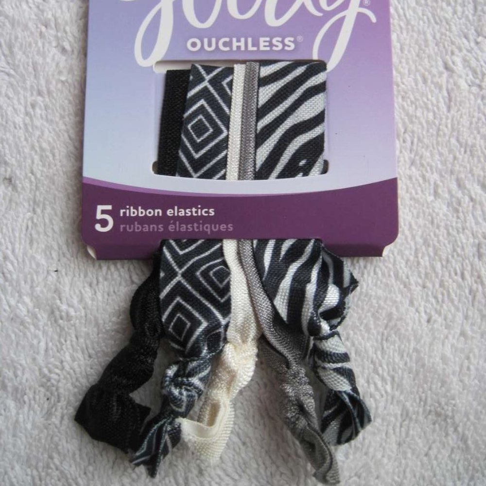5 Zebra Goody Ouchless Ribbon Elastics Ponytailer Hair Bands Soft No Metal Tied